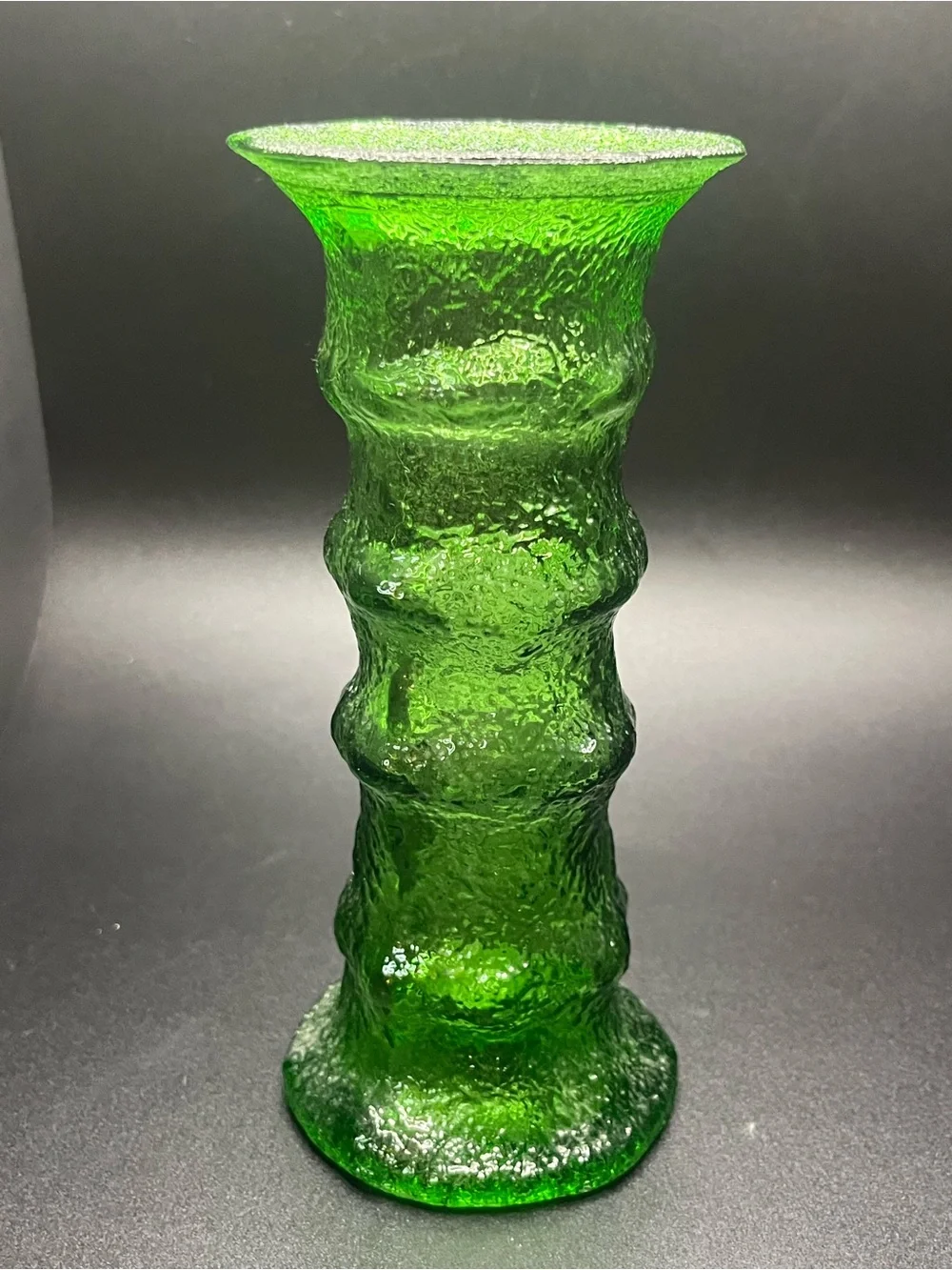Vintage green textured glass bamboo vase 7 inch